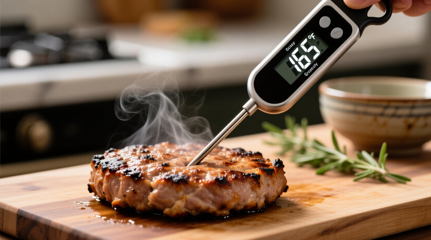 Food thermometer showing 165 degrees in cooked ground turkey