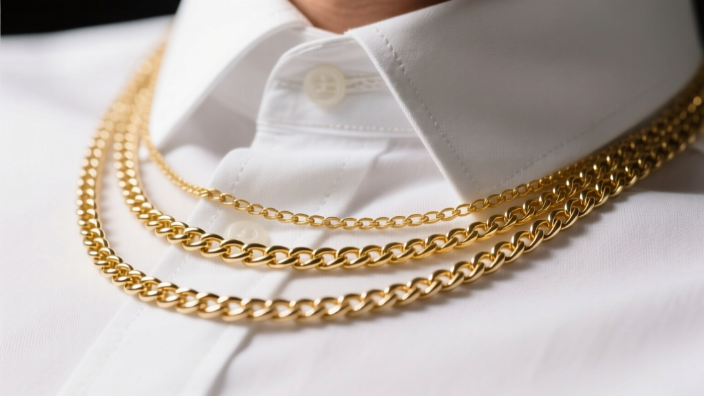 Macro shot comparing three mens gold chains of 2mm, 4mm, and 6mm widths, resting against a crisp white cotton dress shirt collar