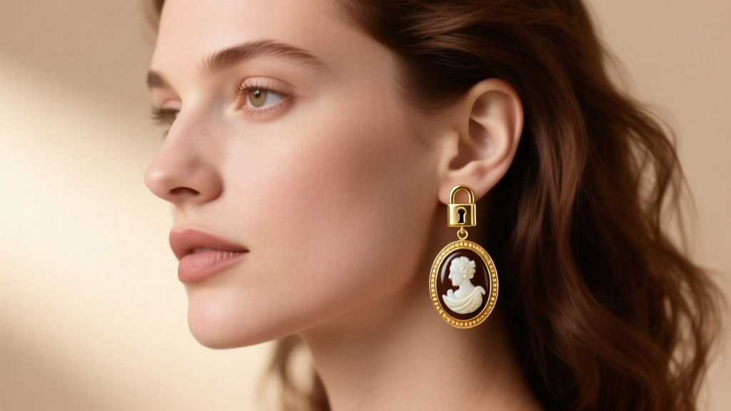 Woman wearing 18-gauge leverback drop cameo earrings from Italy, showing the secure gold lock against a soft blurred background.