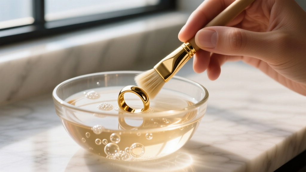 Hands cleaning a gold PVD ring with a soft brush in a glass bowl of warm soapy water, illuminated by bright natural window light.