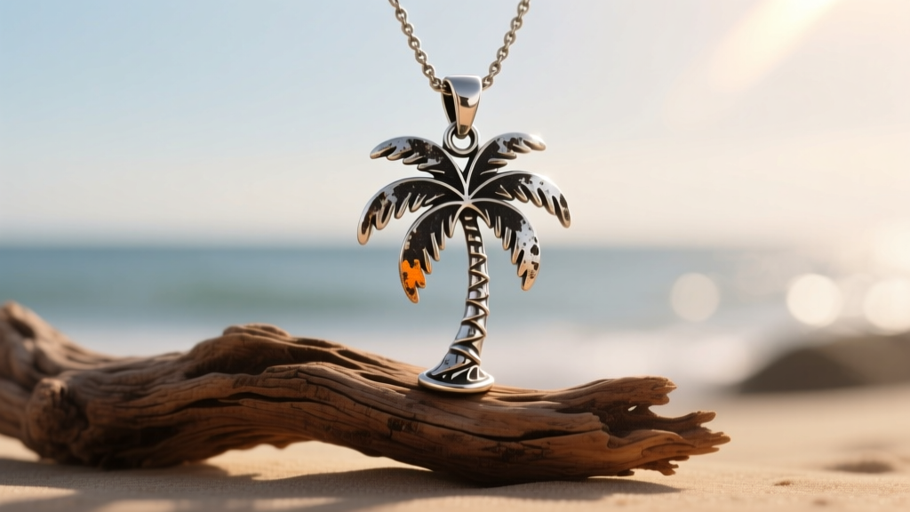 Tarnished silver palm tree pendant on driftwood showing darkened fronds and detailed bark texture under natural coastal sunlight