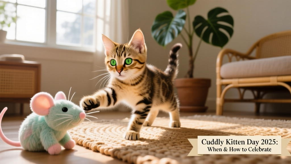 A playful tabby kitten batting at a soft toy, bathed in warm natural light