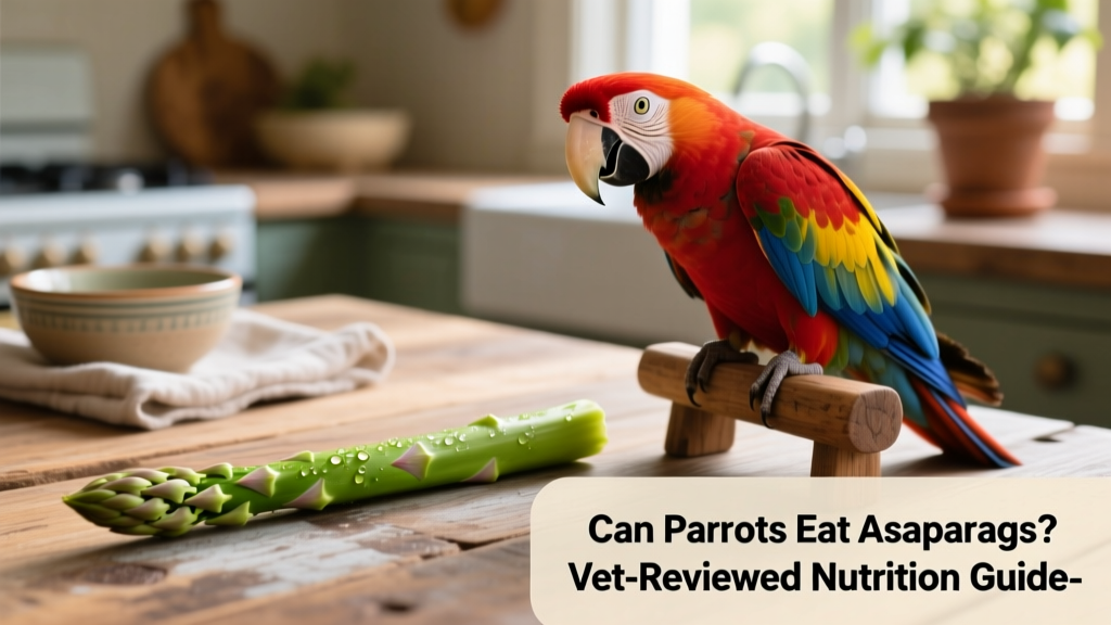 A vibrant green asparagus spear next to a colorful parrot perched calmly on a wooden perch