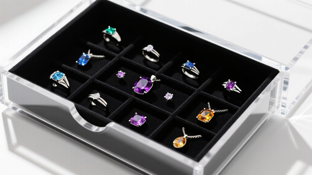 Top-down view of open acrylic drawer lined with black anti-tarnish fabric, holding silver rings and small gemstone pendants neatly.