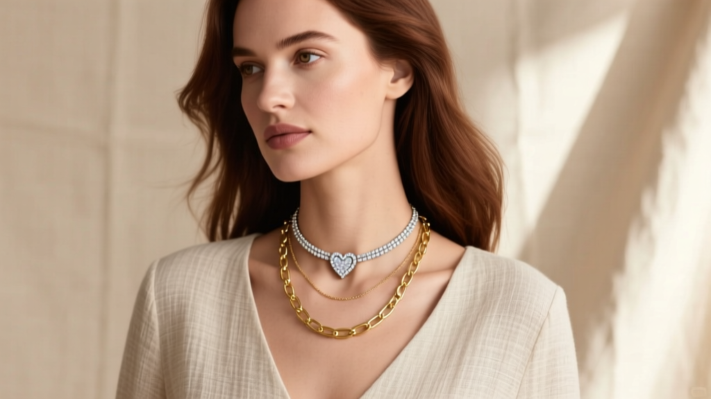 Woman wearing a layered stack with a 16-inch pave heart choker and an 18-inch gold paperclip chain against a neutral linen top.