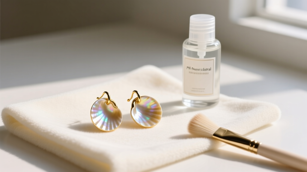 Flat lay of shell gold earrings on microfiber cloth next to pH-neutral jewelry cleaning solution bottle and a soft bristle brush