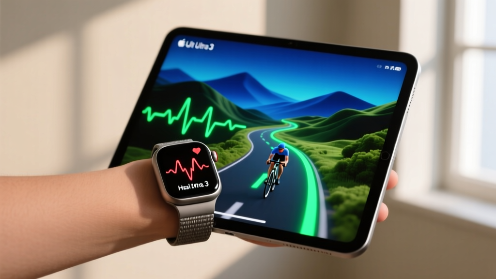 Close-up of an Apple Watch Ultra 3 syncing biometric heart rate data to a tablet displaying a virtual cycling route