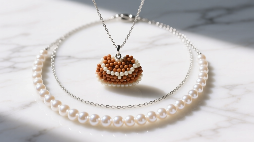 Flat lay of a layered necklace setup featuring a tiny beaded tote bag pendant, a pearl choker, and a silver chain on marble.