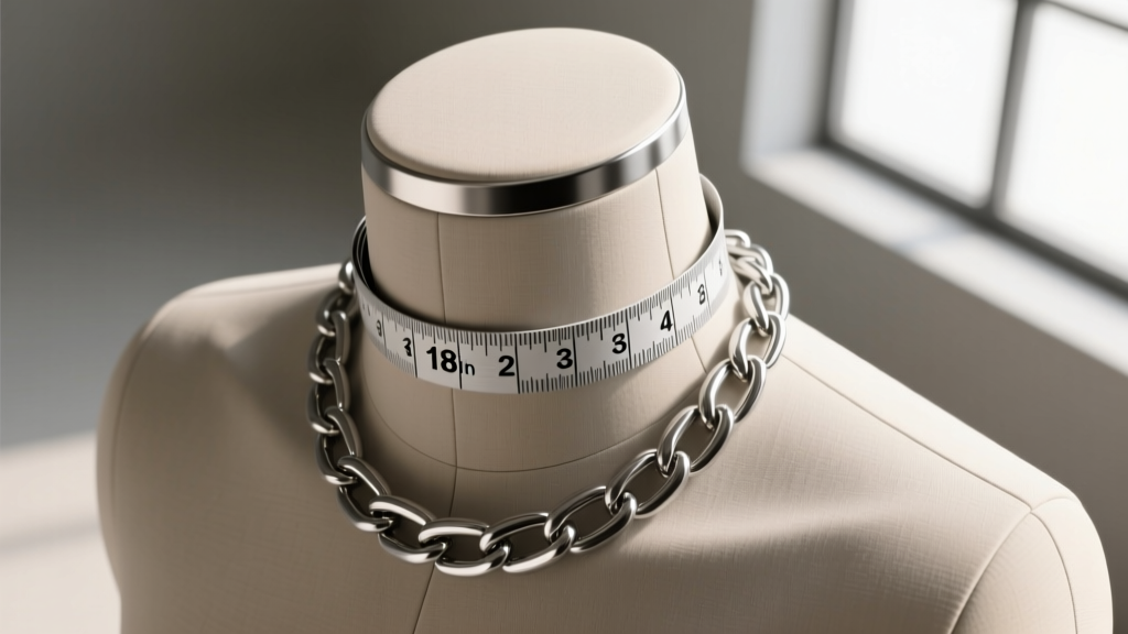 Overhead shot of a measuring tape wrapped around a male mannequin neck, highlighting the 18-inch mark next to a thick silver chain