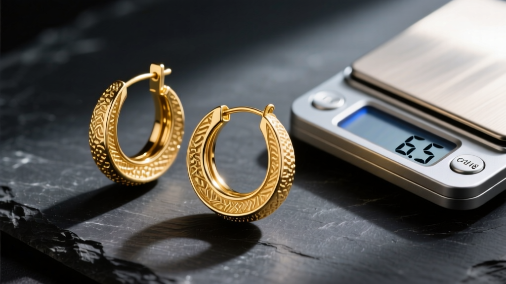 Digital scale showing 6.5 grams next to mid-century 14k JCM textured gold hoop earrings resting on a dark slate background.