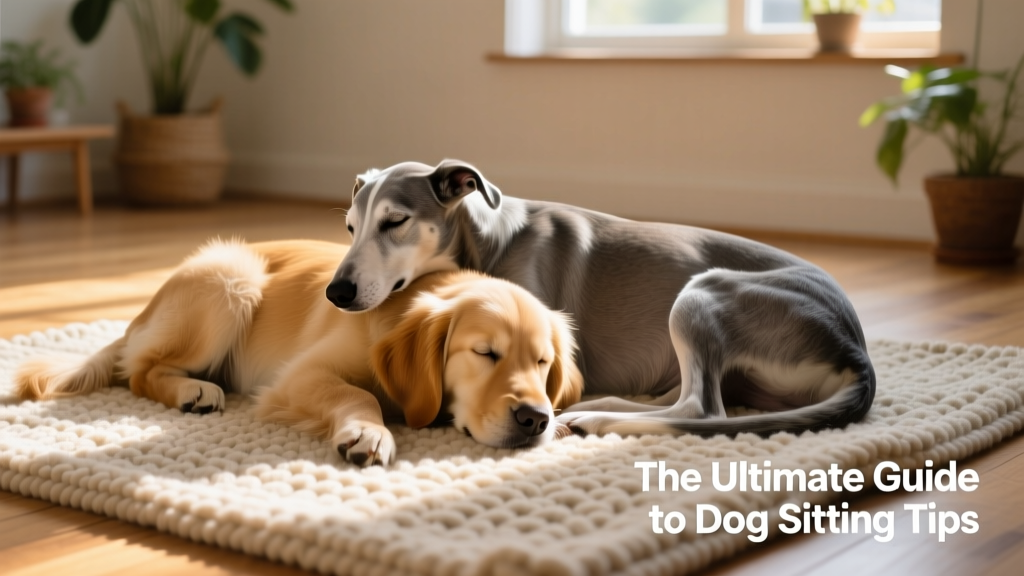 Two dogs—one young and one older—relaxing peacefully together on a rug