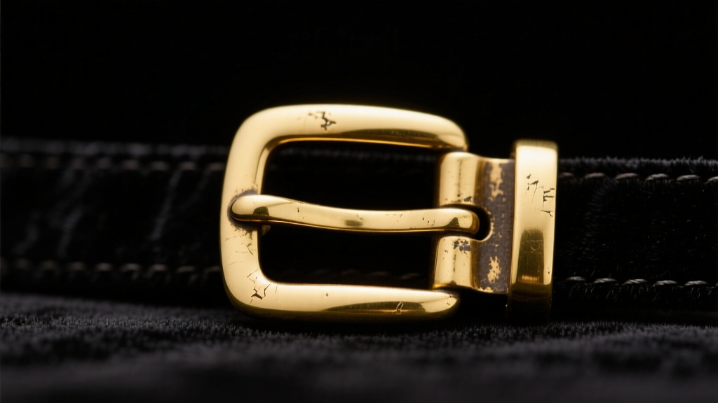 Macro shot of gold plated brass mini belt buckle pendant showing wear on the central prong and clasp against dark velvet