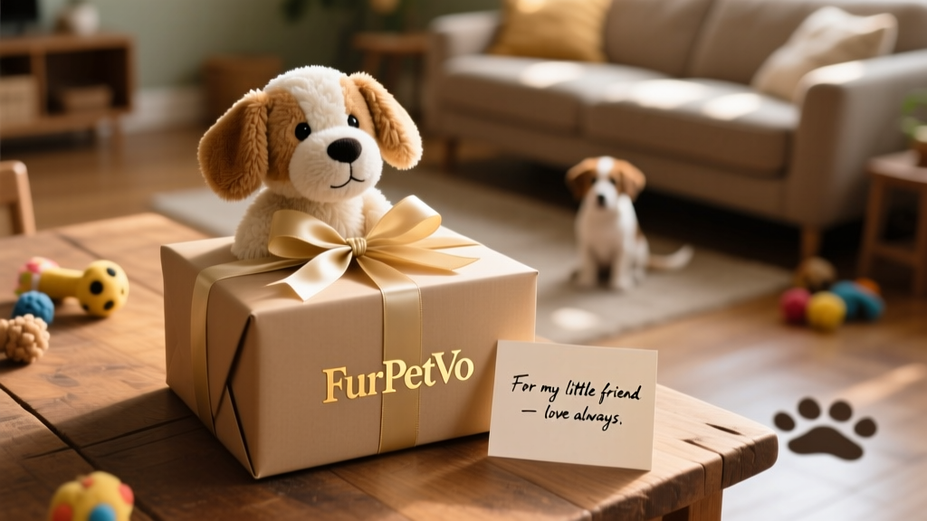 A wrapped gift box with a FurPetVo logo, a stuffed dog toy peeking out, and a handwritten card beside it