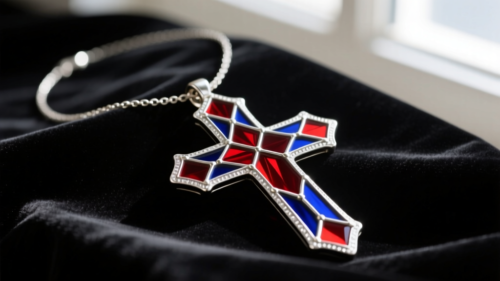 Close-up of a stained glass cross necklace with red and blue cathedral glass and shiny silver solder seams on dark velvet.