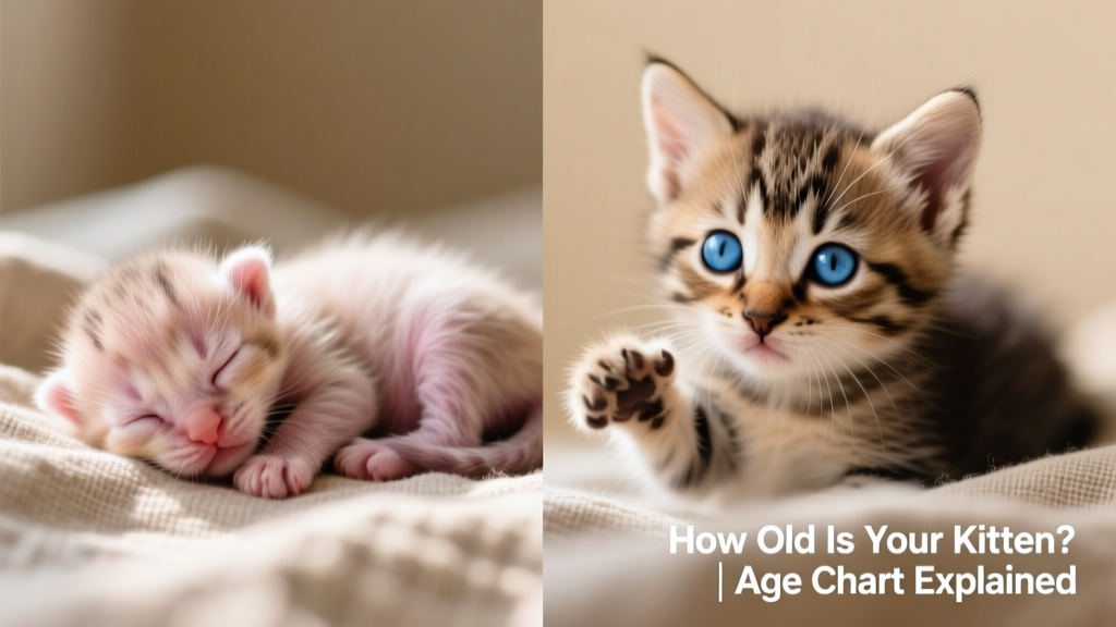 Side-by-side images showing a newborn kitten with closed eyes and a 3-week-old kitten with open, bright blue eyes