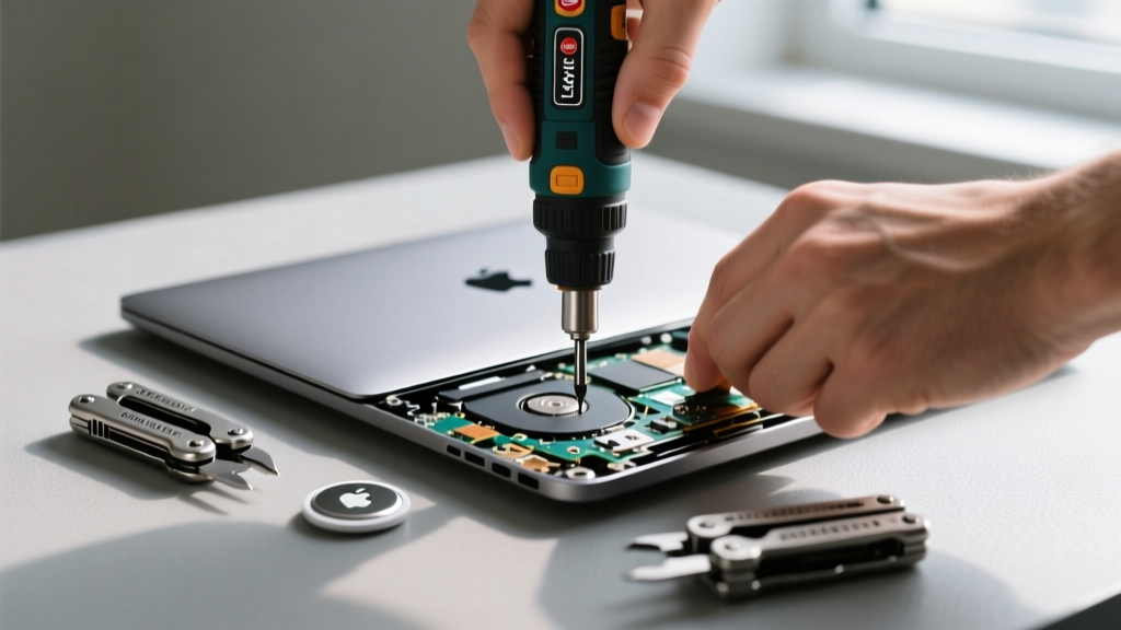 Hands using a precision electric screwdriver to open a laptop chassis next to an Apple AirTag and a Leatherman Arc multi-tool