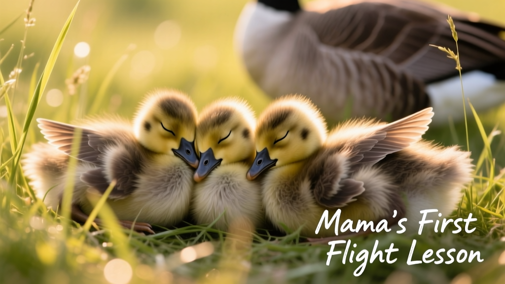 A close-up of three goslings nestled together in tall grass, eyes closed and heads tucked under their wings, peacefully sleeping