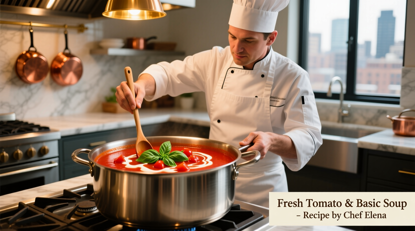Chef stirring tomato soup with fresh basil