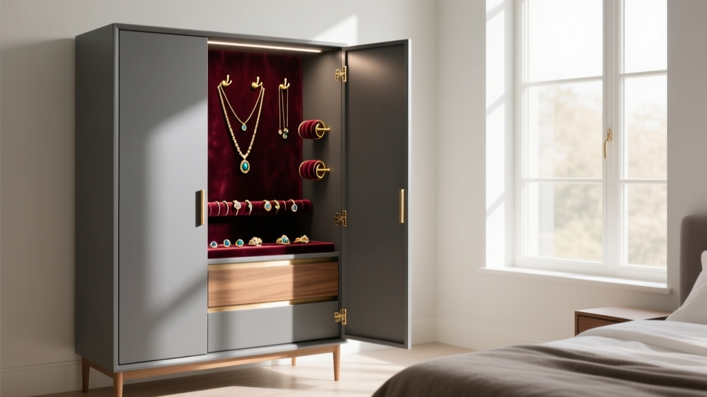 Matte gray jewelry armoire in a sunlit modern bedroom, doors slightly open to reveal velvet-lined necklace hooks and ring rolls.