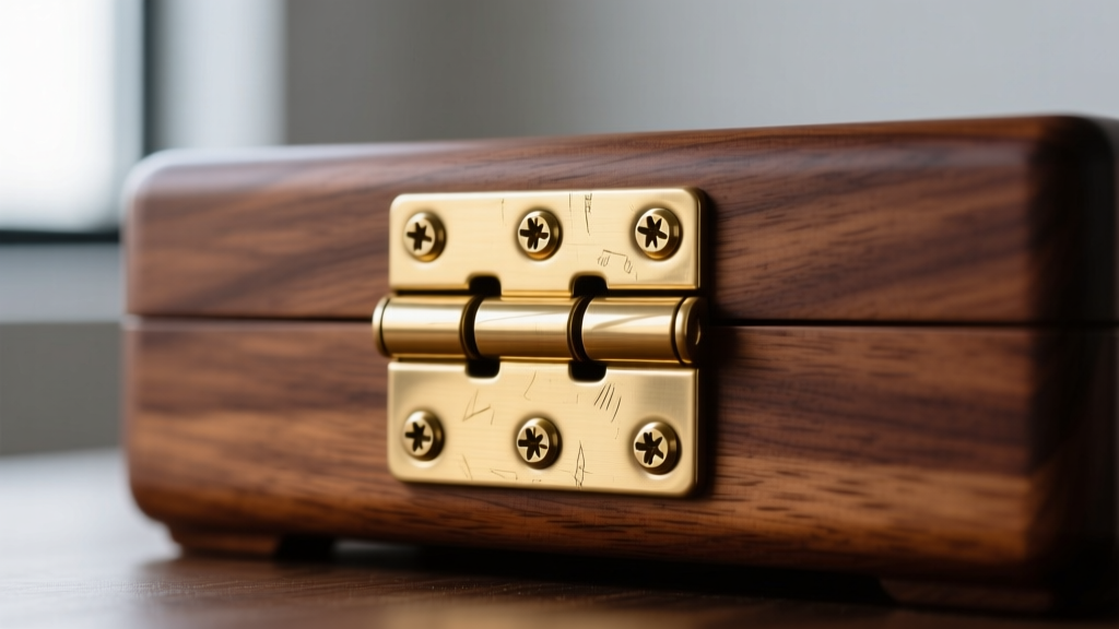 Macro shot of a solid brass piano hinge on a walnut photo jewelry box, highlighting precise screw alignment and polished finish