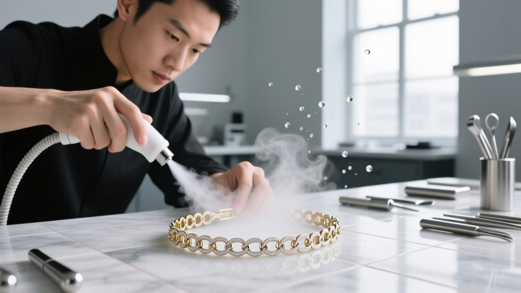 A professional jeweler using a high-pressure steam cleaner on a white gold tennis bracelet, captured in a well-lit workshop setting.