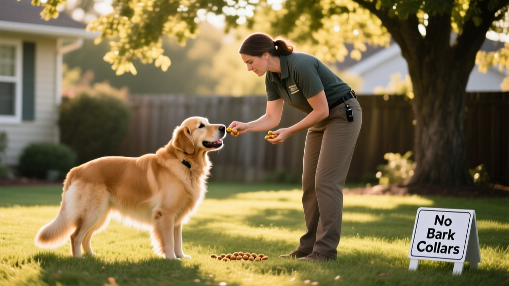 Trainer calmly rewarding a dog with treats during a quiet command exercise