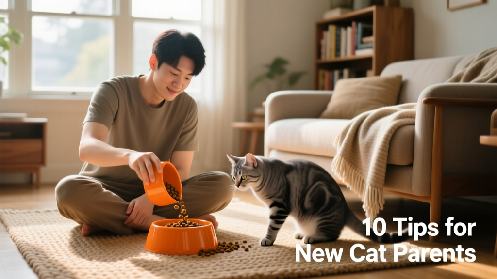 A man sitting on the living room floor, pouring kibble into an orange cat bowl while a gray cat curiously sniffs nearby
