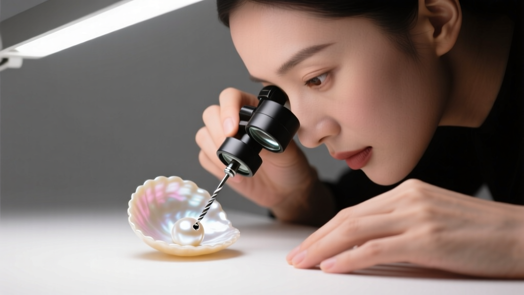 Jeweler using a 10x loupe to inspect surface topography and drill hole of a cream South Sea pearl under bright LED illumination.