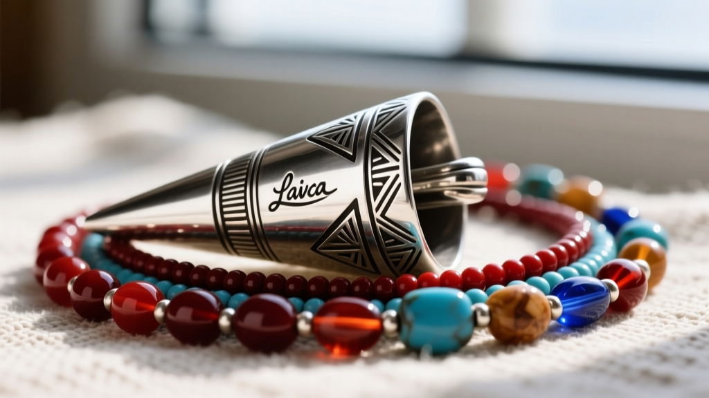 Detailed shot of a heavy sterling silver Navajo cone clasp on a multi-strand beaded necklace showing the artist stamped hallmark.
