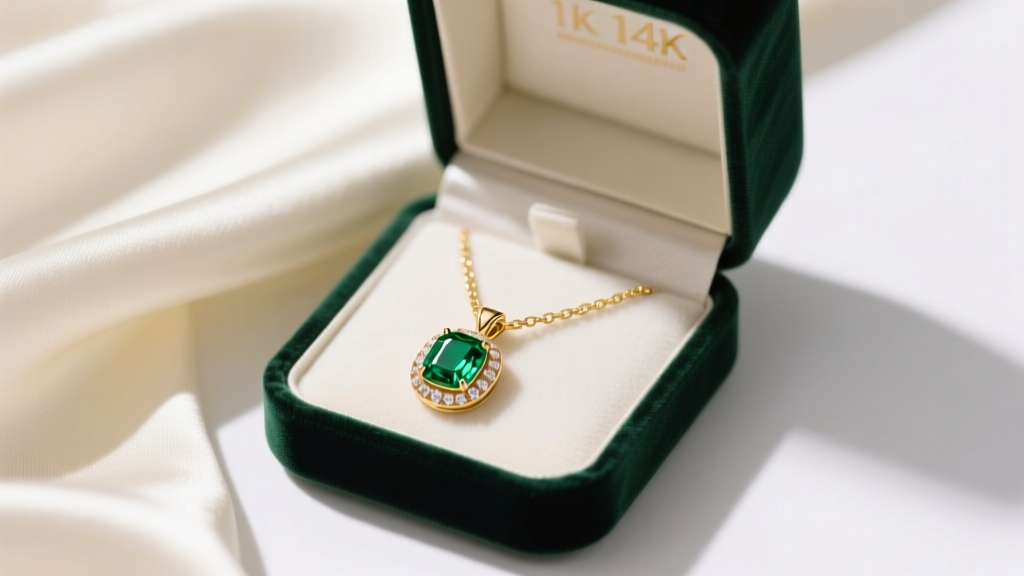 Open velvet box showing a 14k solid gold necklace with a bezel-set emerald birthstone pendant resting on draped ivory silk fabric