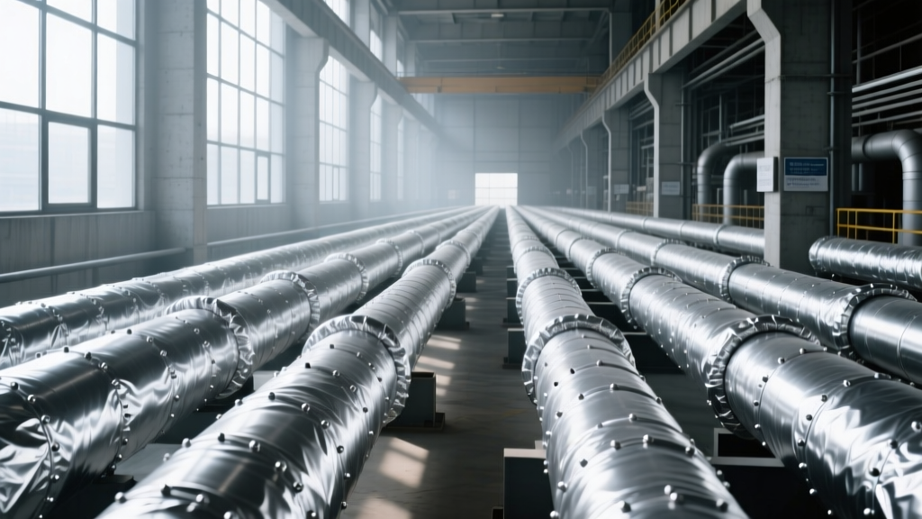 Industrial steel steam pipes wrapped in silver aluminum-jacketed calcium silicate steam insulation material inside a power plant