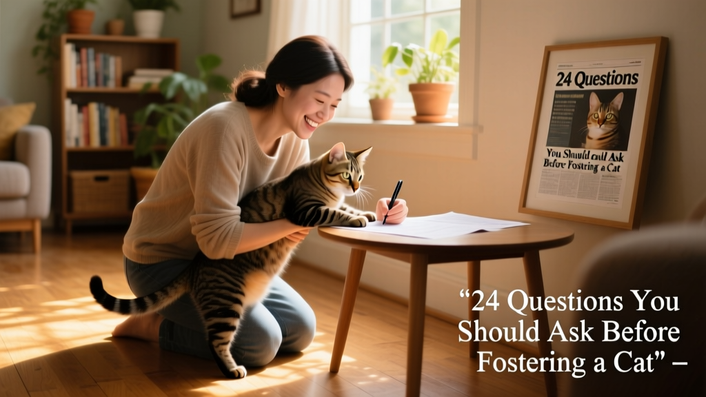 A joyful moment: a foster cat being adopted, with adopter kneeling to gently hold the cat while signing paperwork