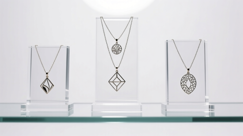 Three clear acrylic necklace display stands at varying heights on a glass shelf showing layered pendants in soft studio light