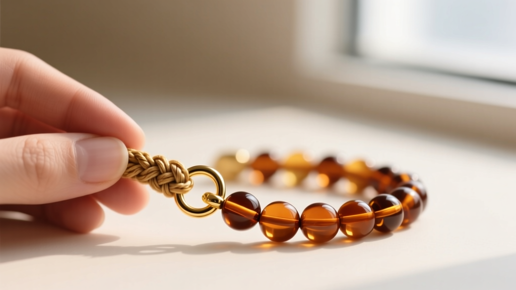 Close-up of hand-knotted silk thread between 10mm cognac amber beads, highlighting a secure gold-filled lobster clasp.