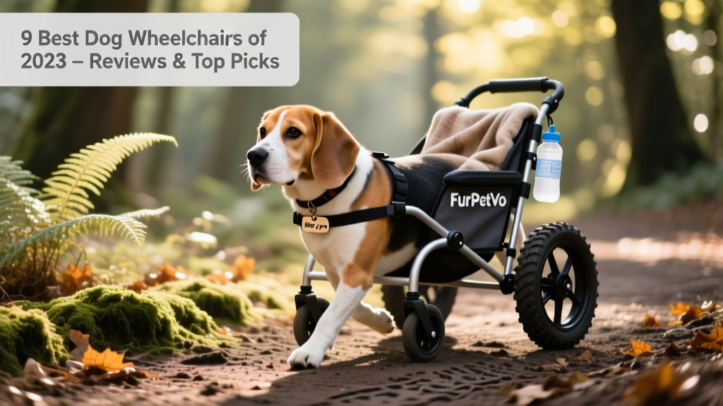 A senior beagle trotting confidently along a forest trail using the FurPetVo All-Terrain Wheelchair, with wheels gripping soft ground