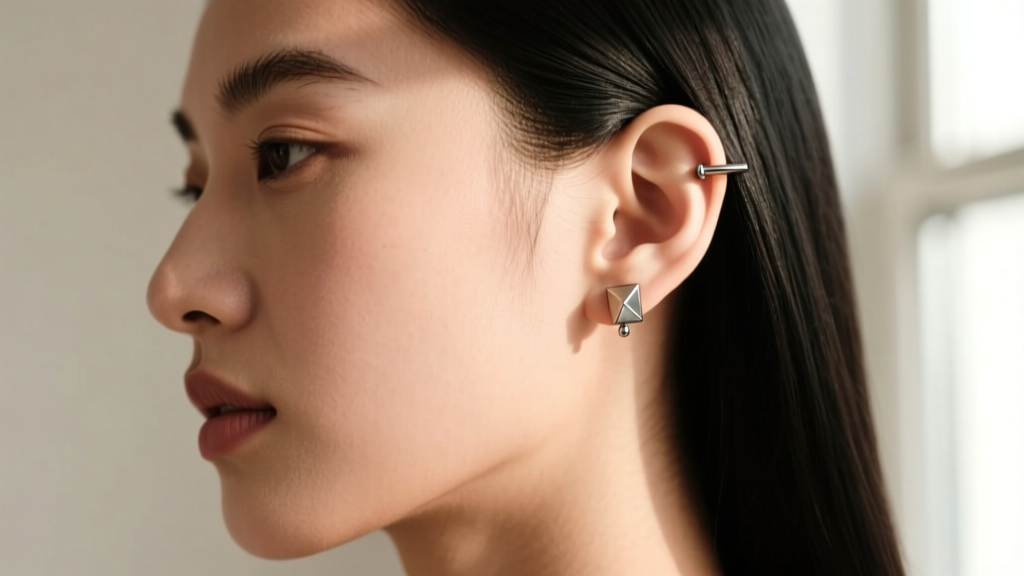 Side profile of a model wearing a 16-gauge titanium flat back labret stud in the helix with a sleek minimalist threadless end