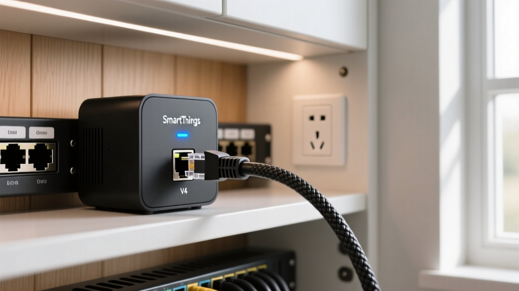 Cat6 Ethernet cable plugging directly into the back network port of the SmartThings Hub V4 on a structured home network rack
