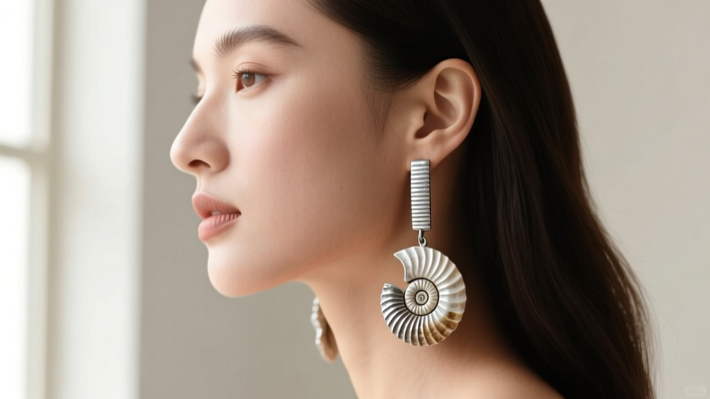 Side profile of a woman wearing long sterling silver drop earrings with raw, ribbed ammonite fossil slices and a matte finish.