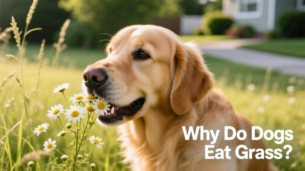 dog eating flowers in the grass