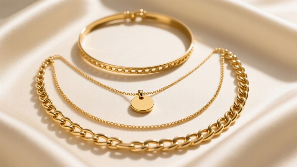 Flat lay of three layered solid gold necklaces on cream silk, featuring a 14-inch choker, 16-inch pendant, and 18-inch rolo chain.