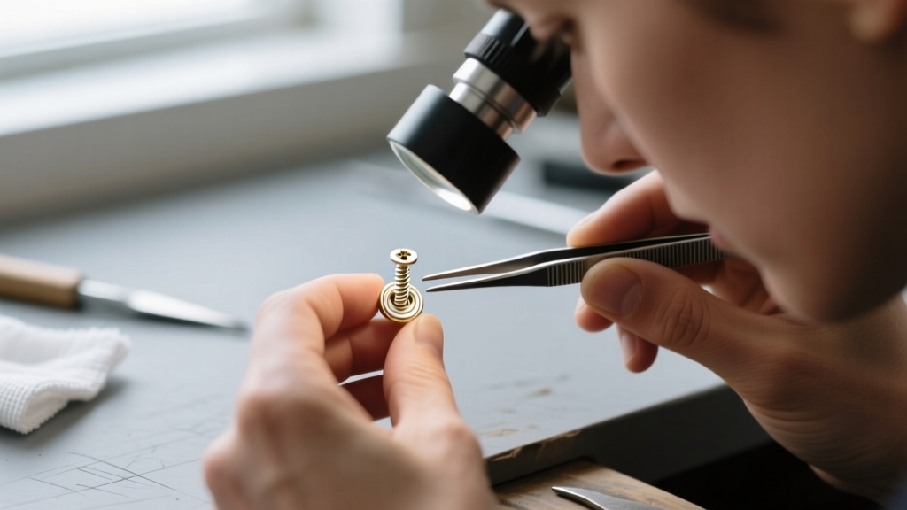 Jeweler using tweezers to inspect stripped threading on a white gold screw-back earring post under a magnifying loupe, detailed.