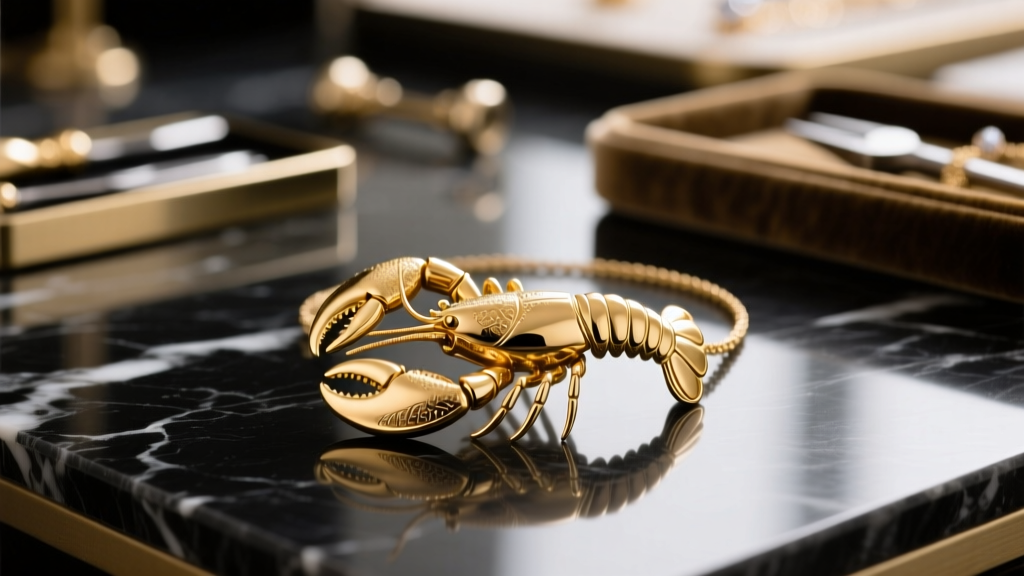 Gold-plated brass lobster claw clasp from a fashion necklace under a jeweler's loupe, revealing minor wear on the gold electroplate