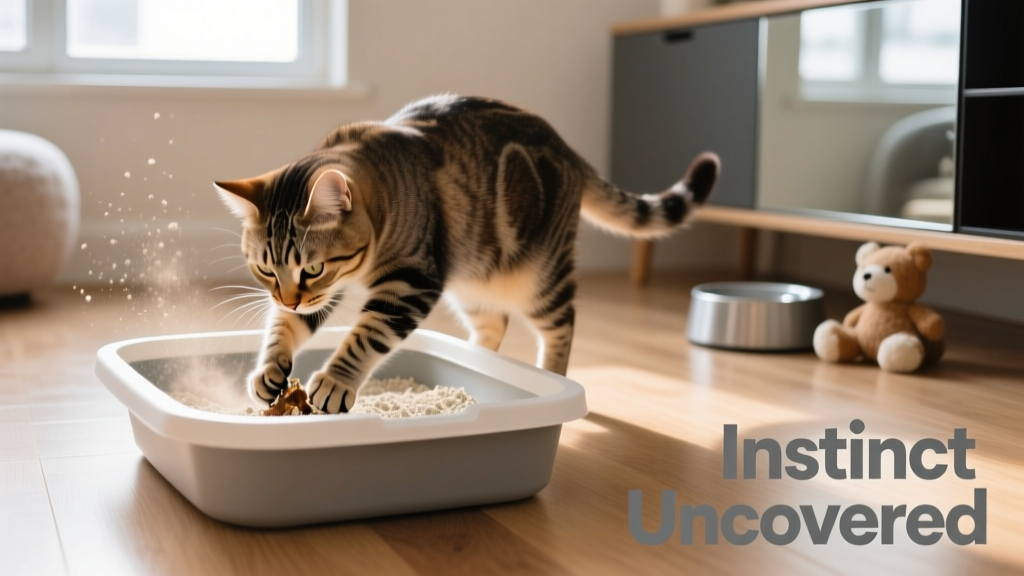 A calm cat carefully digging and covering in a clean, low-dust litter box