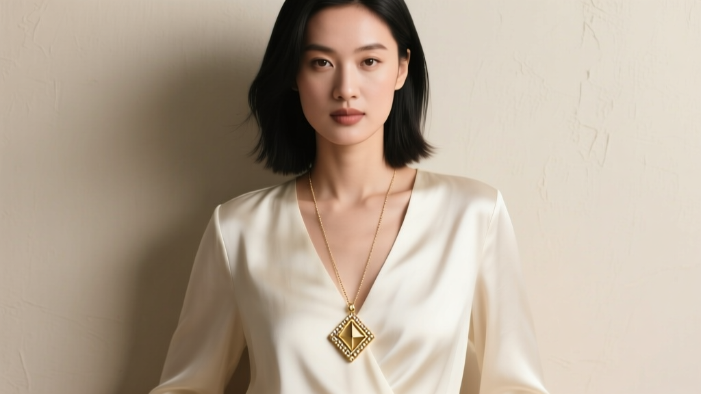 Woman wearing a silk V-neck blouse with a 16-inch pendant necklace resting perfectly in the center, shot from a medium distance.