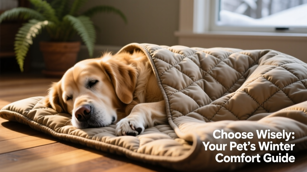 Close-up of a senior dog resting on a waterproof, quilted pet blanket with visible stitching and soft texture