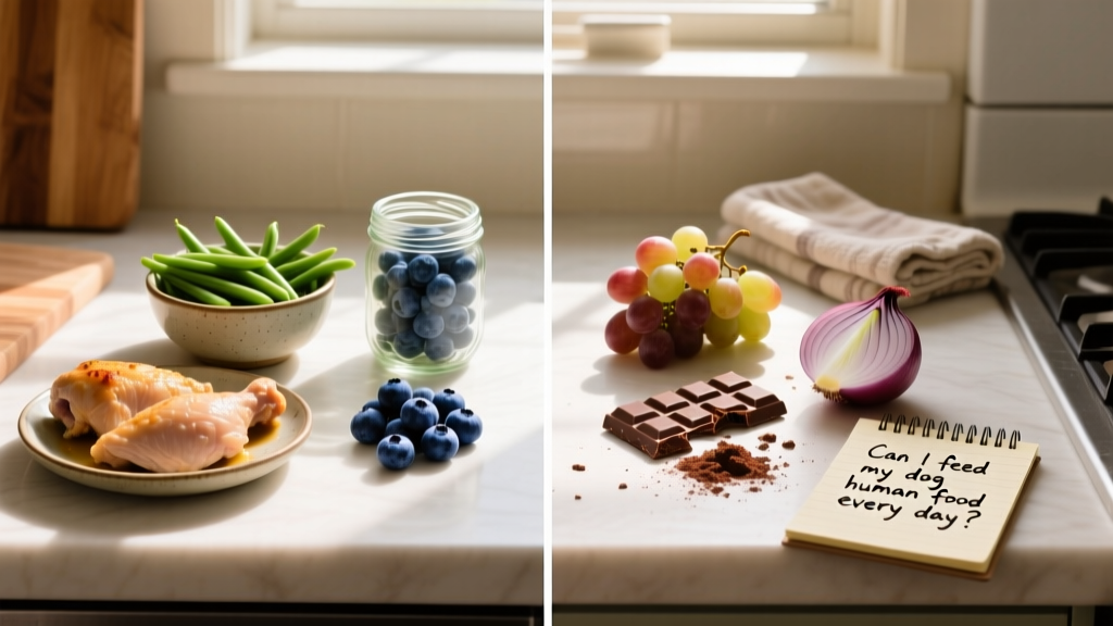 Side-by-side comparison: safe dog-friendly foods (cooked chicken, green beans, blueberries) vs. unsafe ones (grapes, chocolate bar, onion) on a kitchen counter