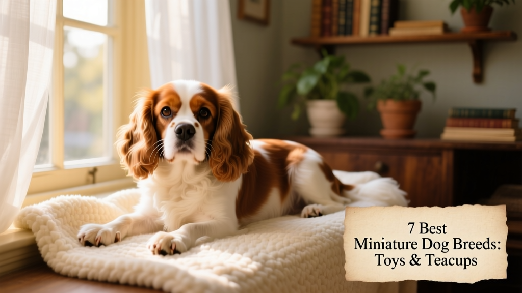 A relaxed Cavalier King Charles Spaniel resting on a soft blanket beside a window, bathed in natural light