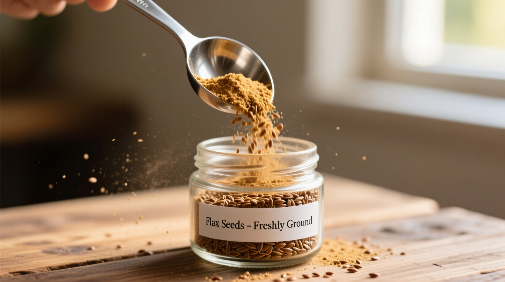 Freshly ground flax seeds in jar with measuring spoon