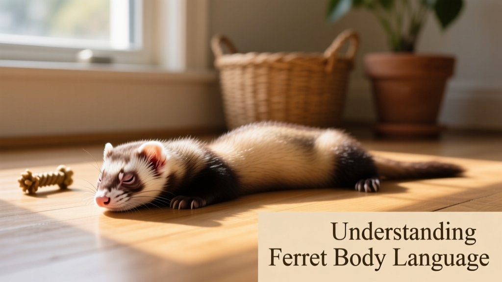 Ferret lying low with half-closed eyes and relaxed but still posture, indicating possible illness or discomfort
