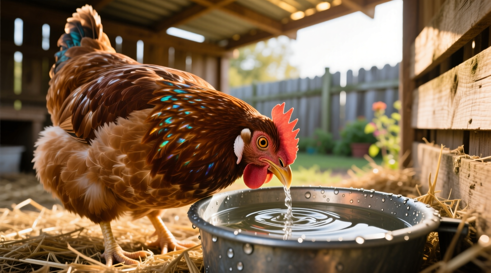Chicken drinking from waterer in backyard coop
